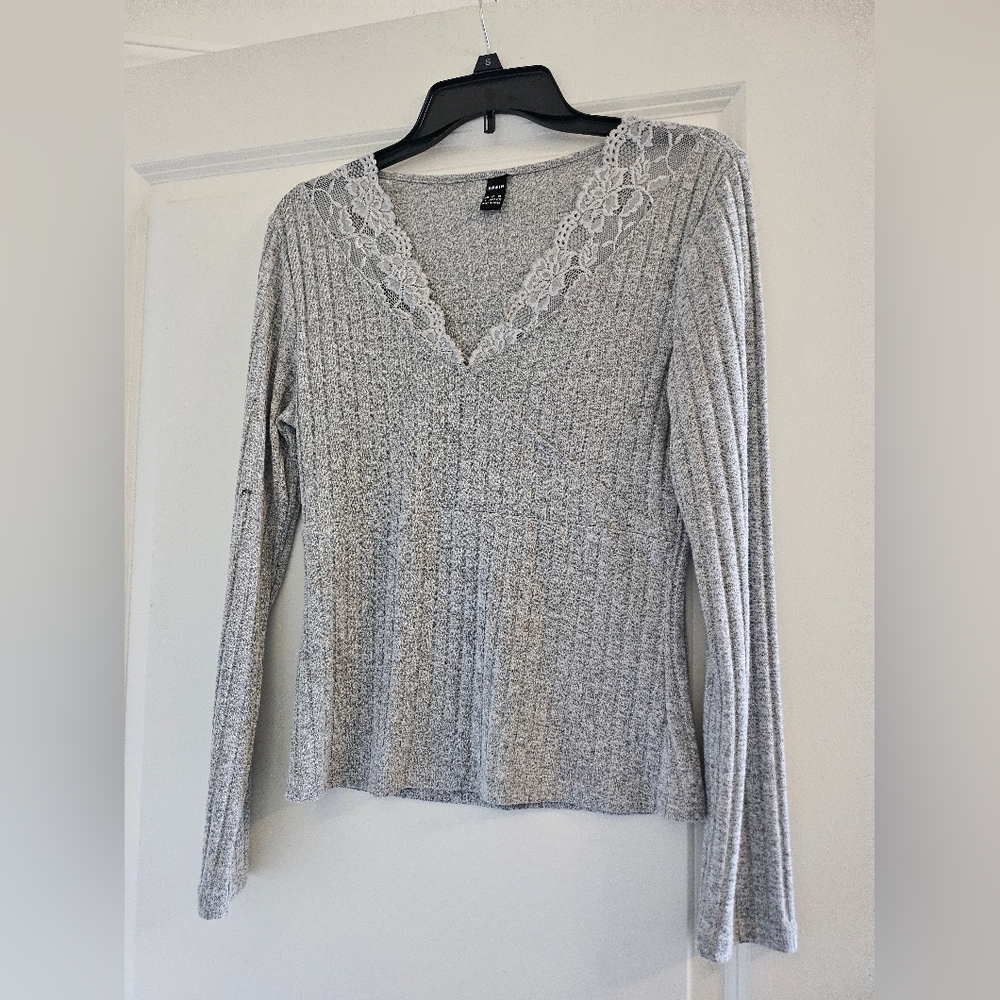Gray Knit Lace Top